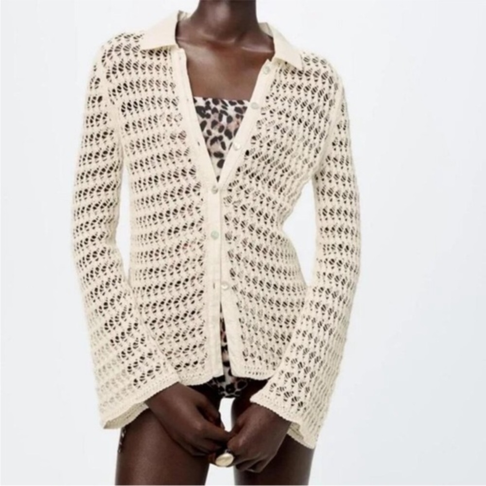 ZARA POINTELLE open KNIT POLO‎ CARDIGAN medium